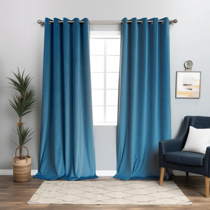 Steel Blue Velvet Grommet Curtain